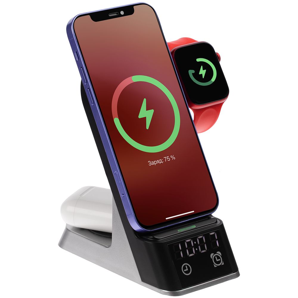 Зарядная станция c часами E-Store для смартфона, часов и наушников, черная Зарядная станция c часами E-Store для смартфона, часов и наушников, черная