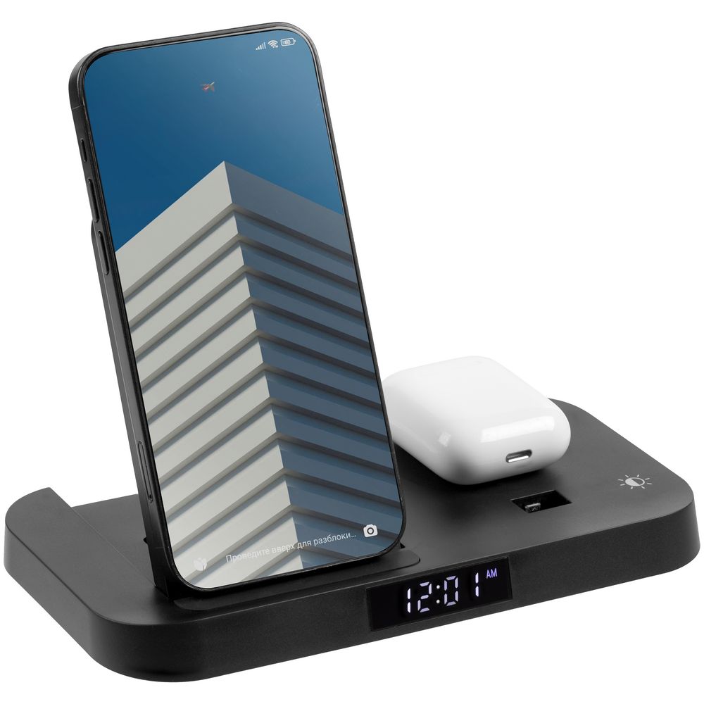 Зарядная станция с часами Clock Nest, черная Зарядная станция с часами Clock Nest, черная