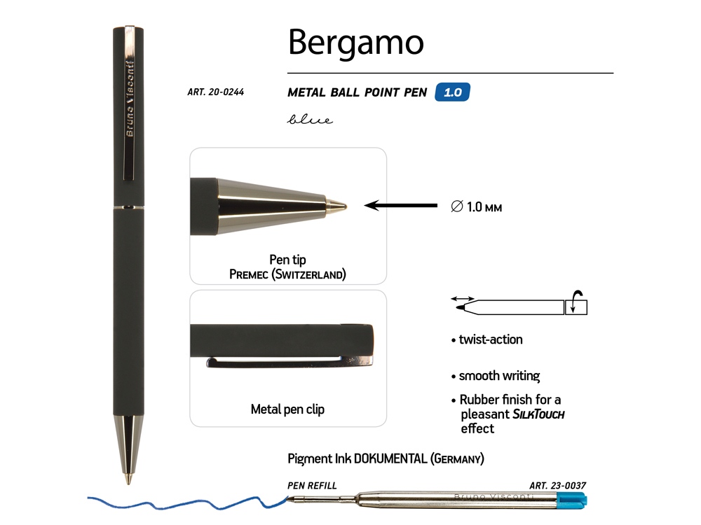 Ручка Bergamo шариковая автоматическая, черный металлический корпус, 0.7 мм, синяя Ручка Bergamo шариковая автоматическая, черный металлический корпус, 0.7 мм, синяя
