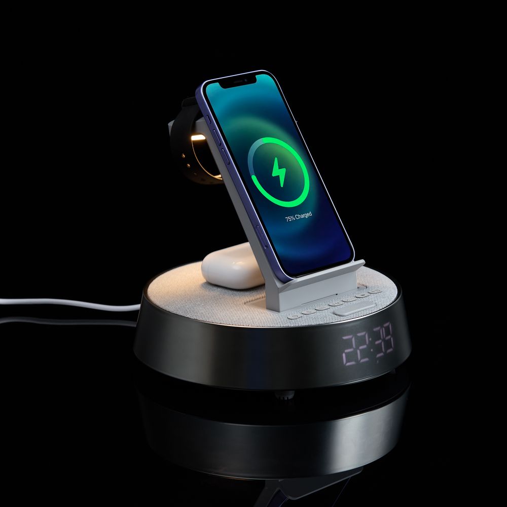 Bluetooth-колонка с беспроводной зарядкой и часами netEnergy, серая Bluetooth-колонка с беспроводной зарядкой и часами netEnergy, серая