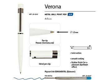 Ручка Verona шариковая автоматическая, белый металлический корпус, 1.0 мм, синяя