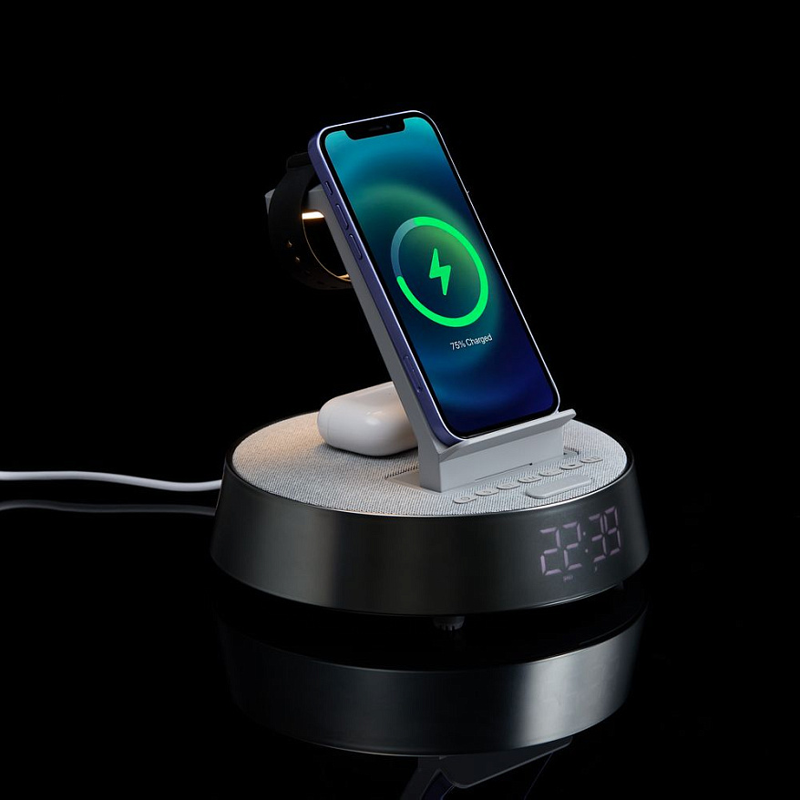 Bluetooth-колонка с беспроводной зарядкой и часами netEnergy, серая