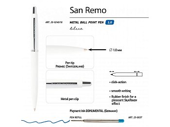 Ручка SAN REMO шариковая, автоматическая, белый металлический корпус 1.00 мм, синяя